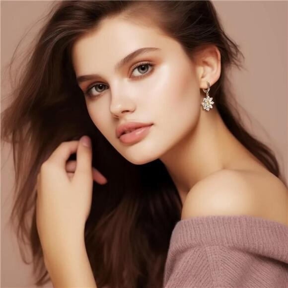 Daisy Flower Hoop Earrings | 14K Gold Plated CZ Dangle Hoops - Picture 3 of 6